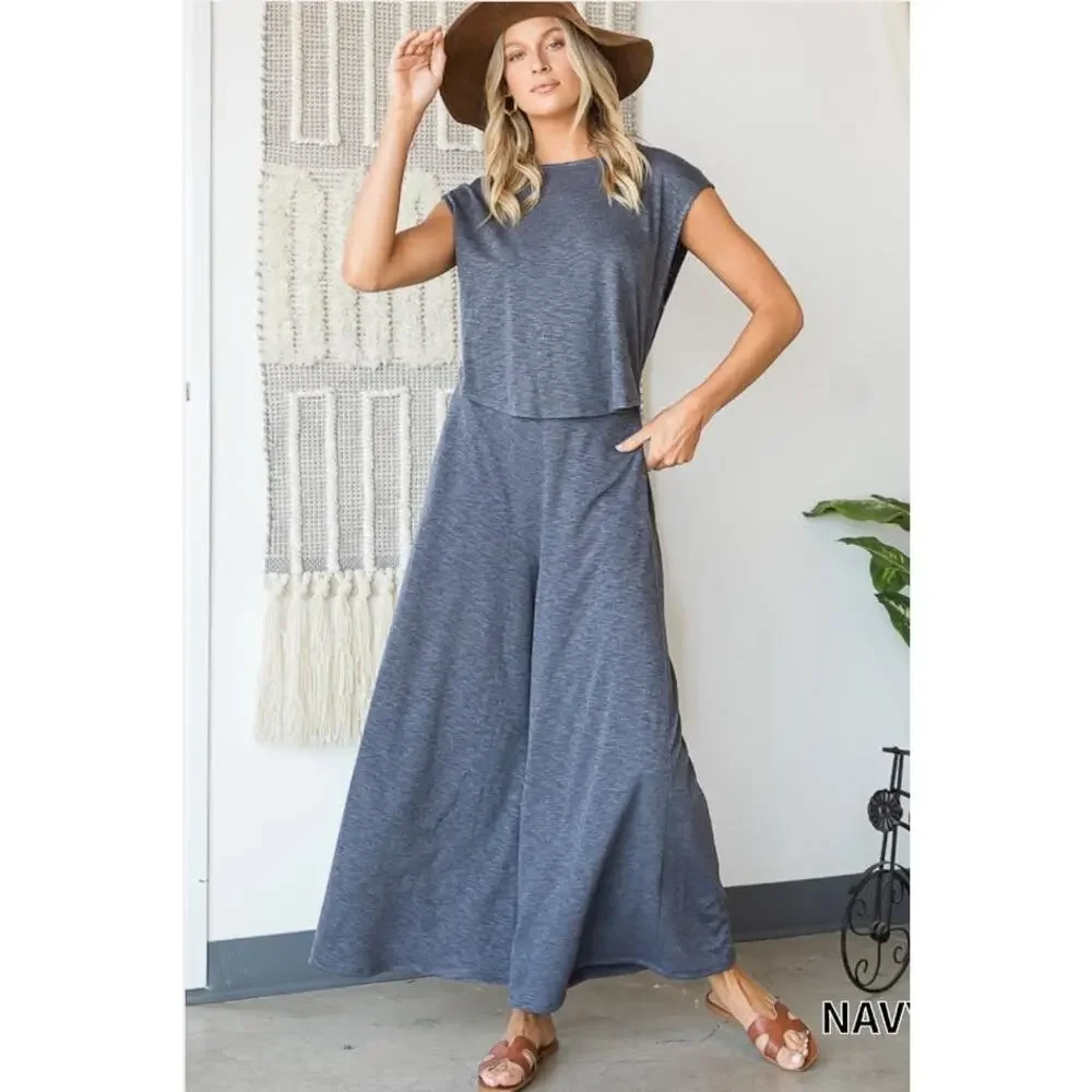 Bucket List Open Front Wide Leg Slub Knit Jumpsuit Navy Gray Medium Loungewear